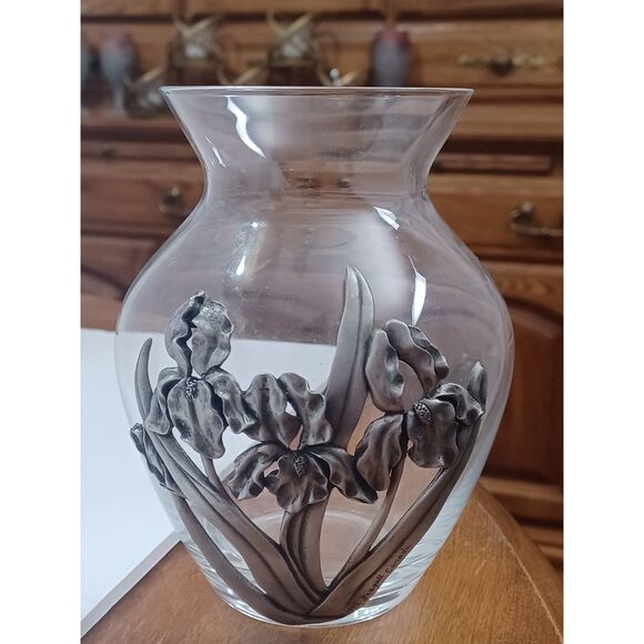 Seagull IRIS 1992 Nova Scotia Canada Vintage Pewter Overlay Clear Art Glass Vase - Picture 9 of 16